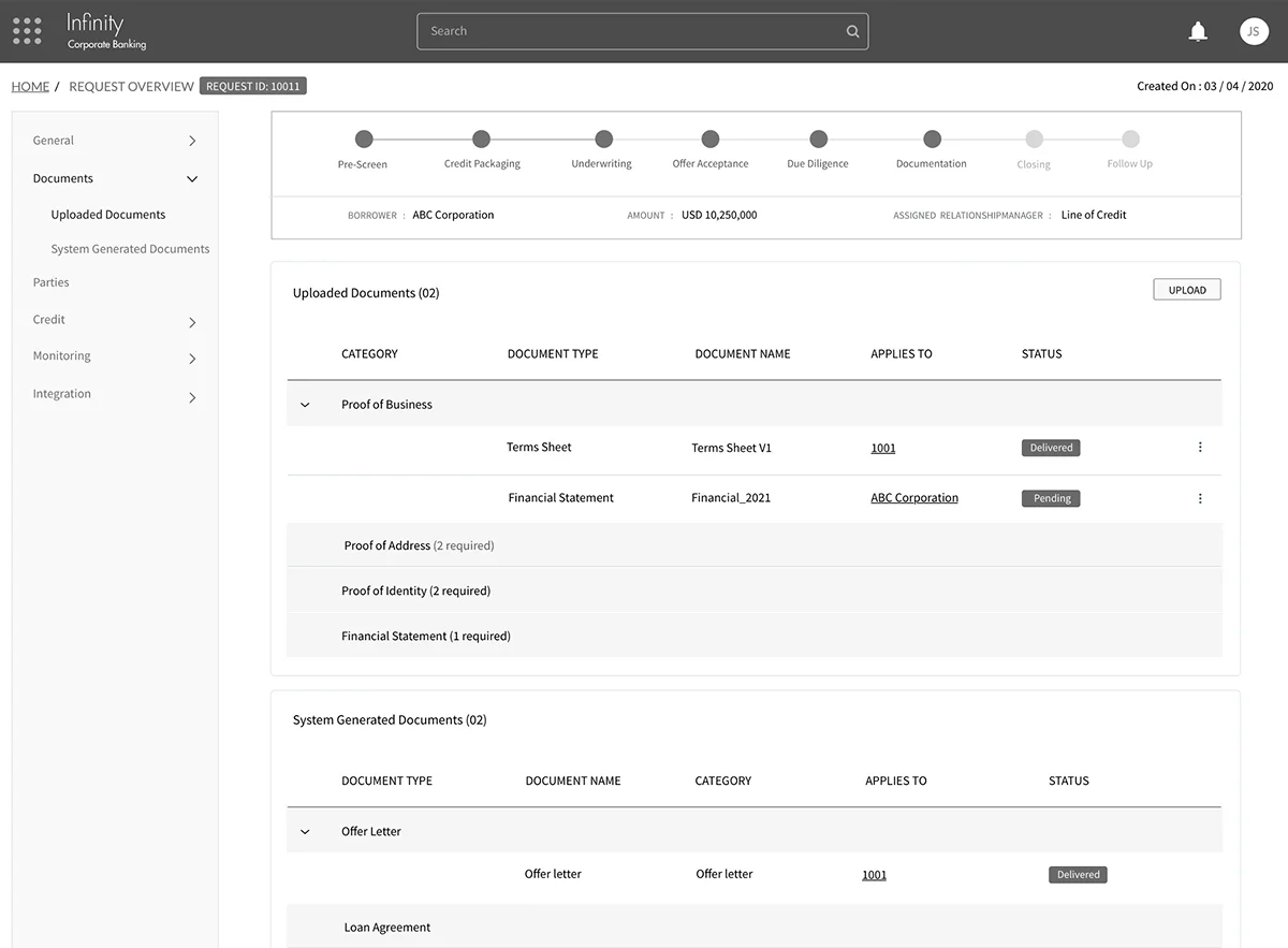 Wireframe of documents section layout