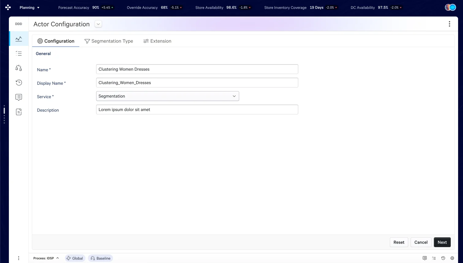 Actor Configuration tab — read-only confirmation of Name, Display Name, Service, Description