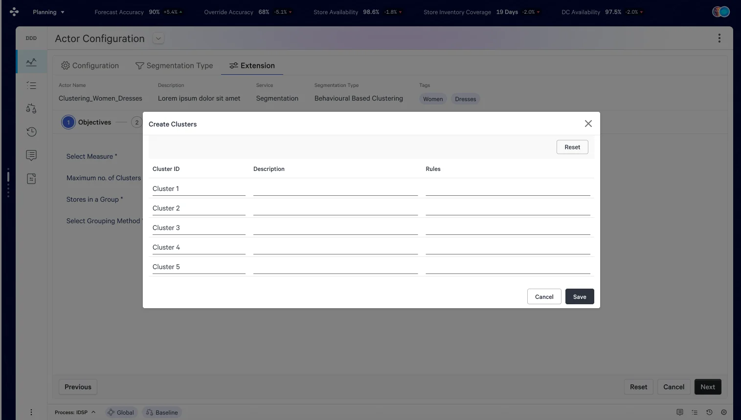 Create Clusters modal — 5 rows auto-generated, each with editable Description and Rules fields