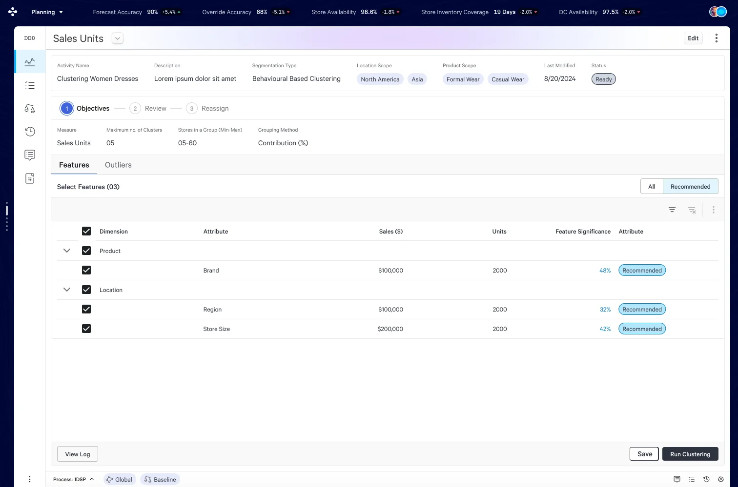 Brand, Region, Store Size checked. Run Clustering CTA active. Excluded outliers toggle visible in Outliers tab.