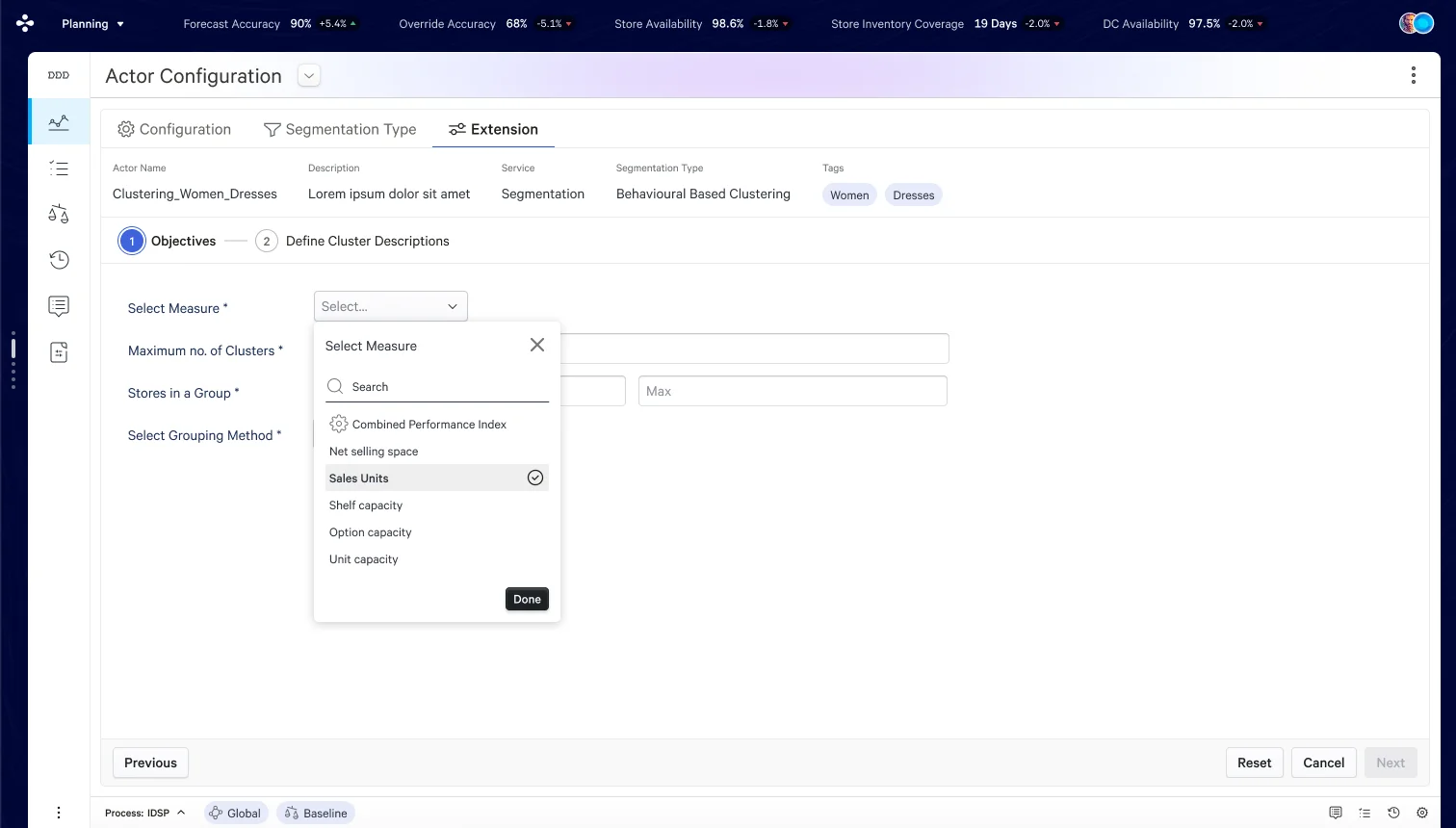 The system removes recall burden — analysts pick from a structured list rather than typing KPI names. Sales Units shown as selected; checkmark icon confirms active selection.