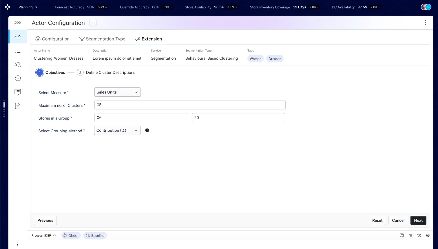 Four fields, all constrained inputs — no free text. Max Clusters and Store Range together define the algorithms solution space.