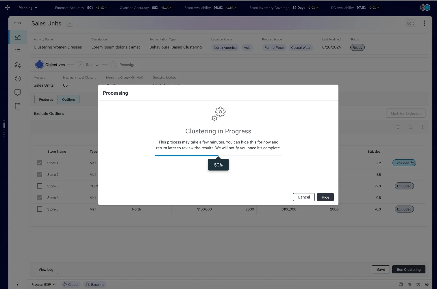 The "Hide" affordance is a deliberate non-blocking design choice — analysts working in a planning environment cannot be held hostage to a loading screen. The system takes responsibility for notifying on completion.