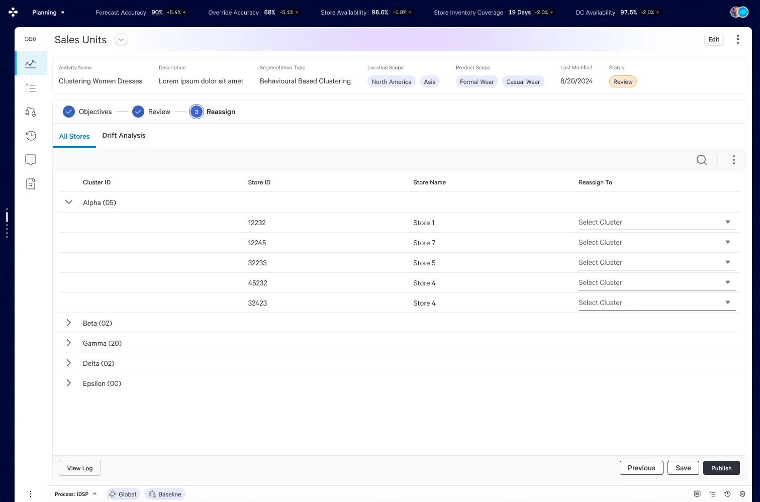 Reassign To modal — per-store dropdown for cluster override. Store Name column with independent Select Cluster controls per row.