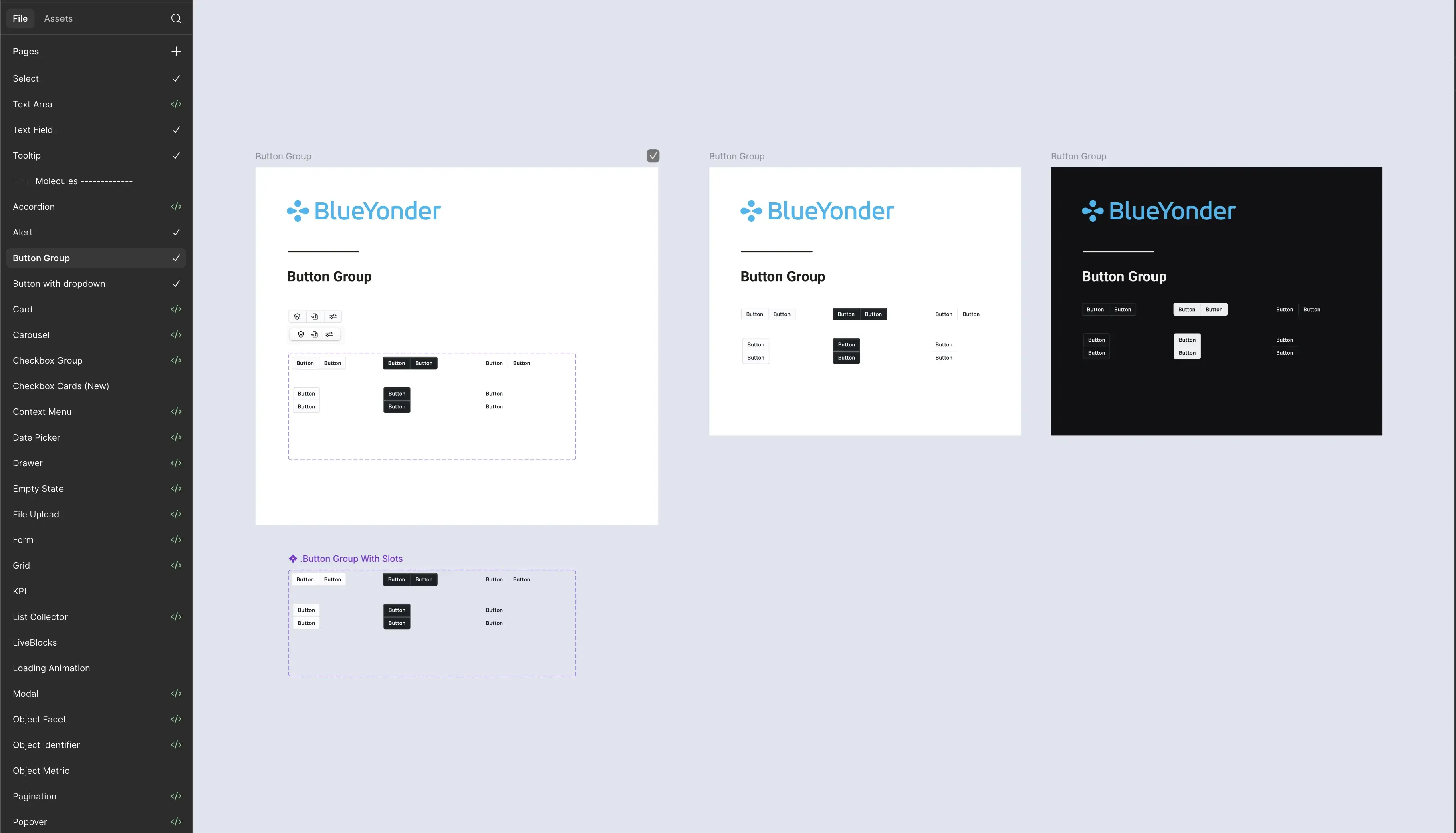 Fractal component library in Figma — dark sidebar with green </> engineering indicators