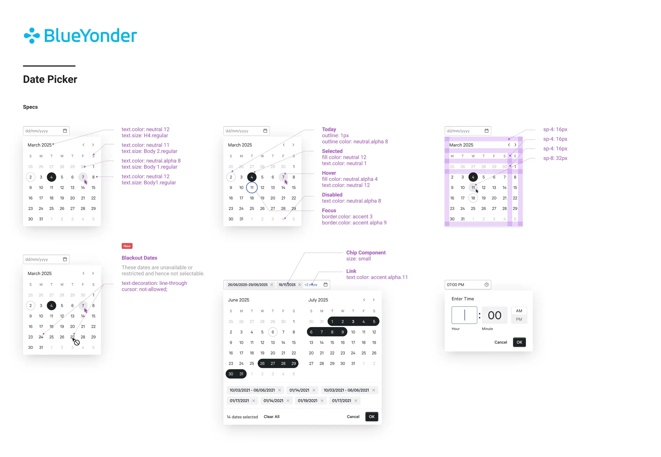 Figma component library with variant panel — states, sizes, types.